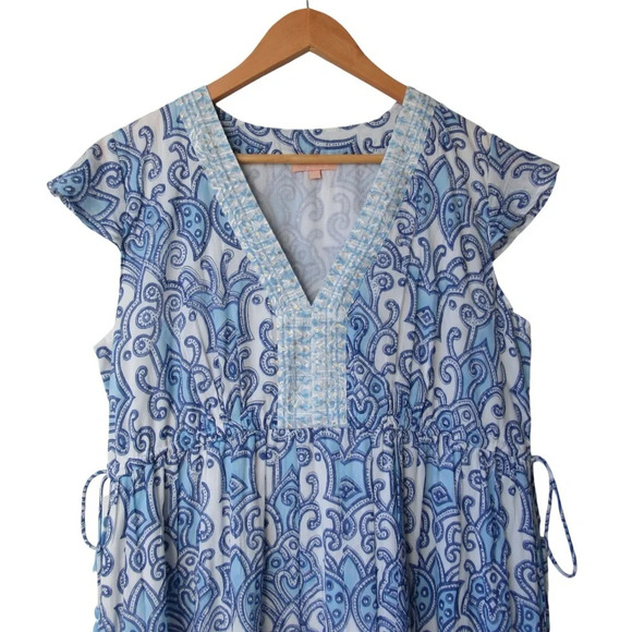 Azure Indigo Blue White Dress Small Blockprint Short Sleeves Tassel Sides Boho - Picture 6 of 11